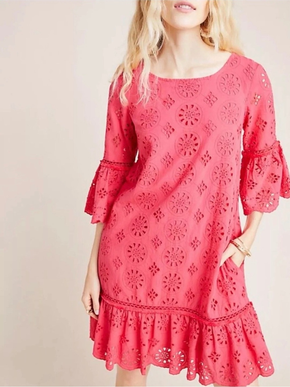 Anthropologie Coral pink Eyelet Mini Dani Dress with Ruffle Hem excellent EUC